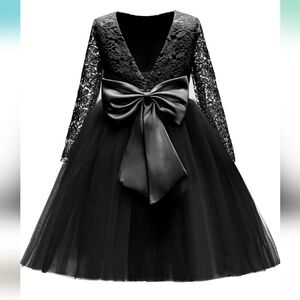 Elegant Black Lace-Top Tulle Dress with Bow for Girls